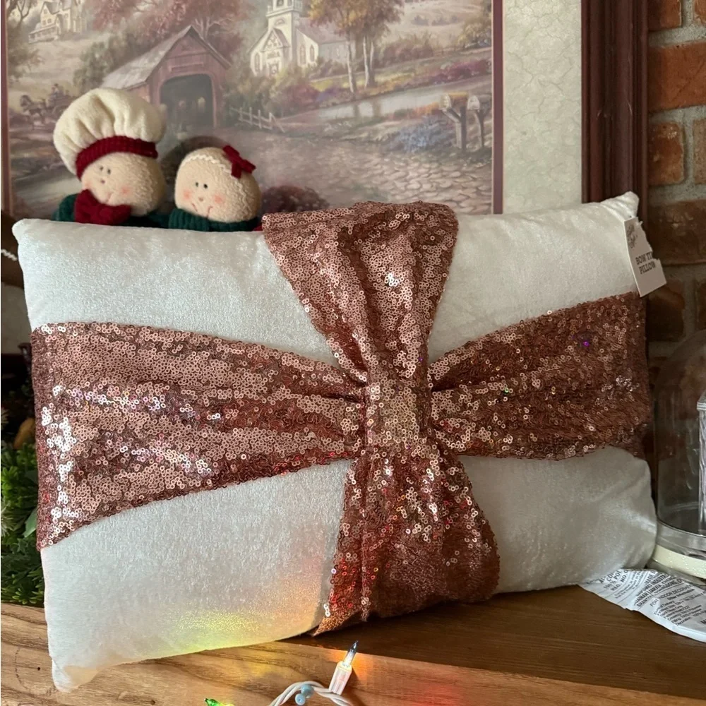Sequin Rose Gold Holiday Pillow with Bow Accent New 125.00